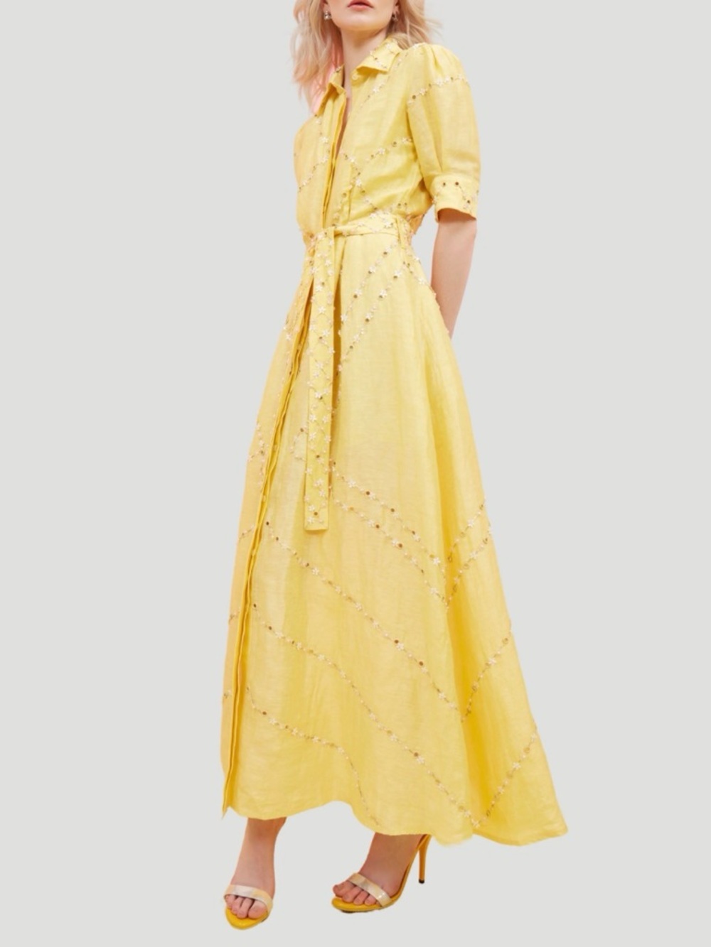 Embroidered Yellow Midi Shirt Dress with Belt